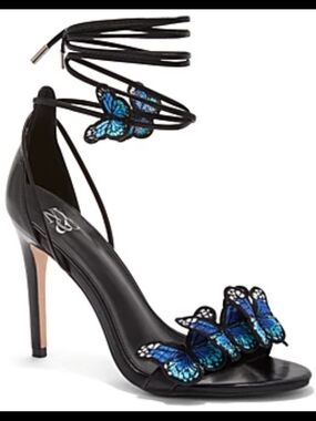 New York & Company Black Stiletto Sandals with Blue Butterfly Accents